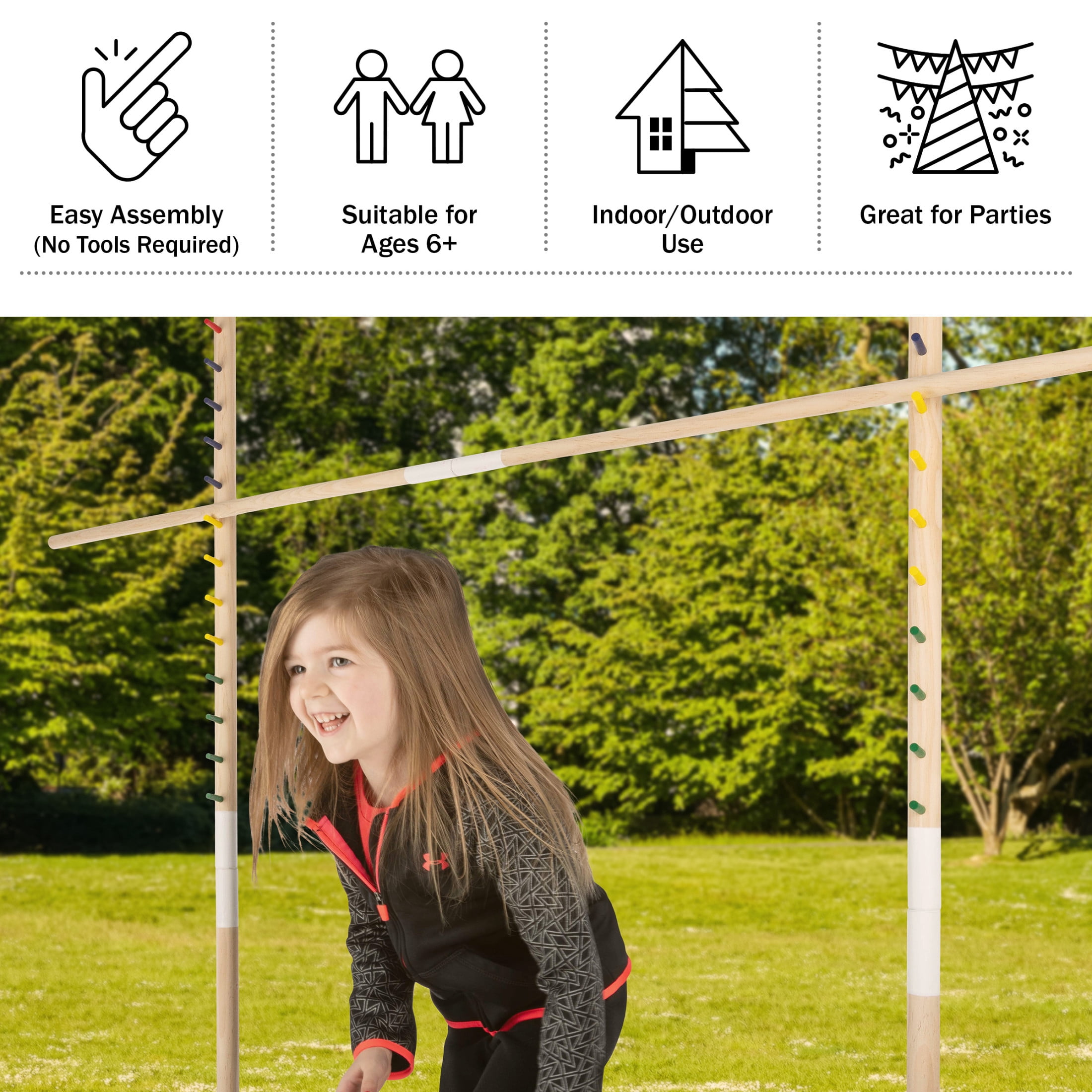 Hey Play Wooden Limbo Game for Kids and Adults - Carrying Bag Included