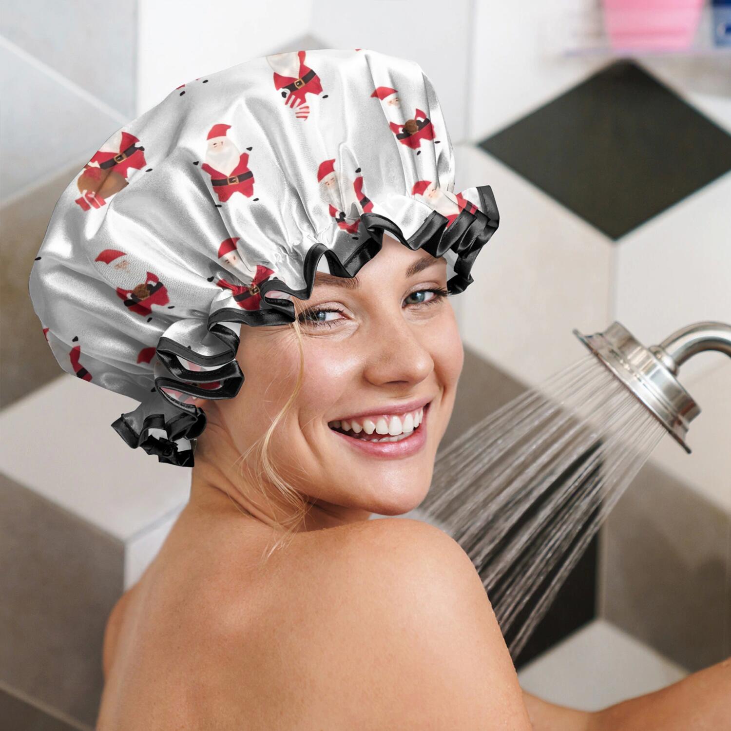 Shower Caps,White Christmas Santa Pattern Waterproof Shower Cap for Women 4 Pieces,Double Reusable Hair Cover for Shower PEVA Elastic Stretch Hem