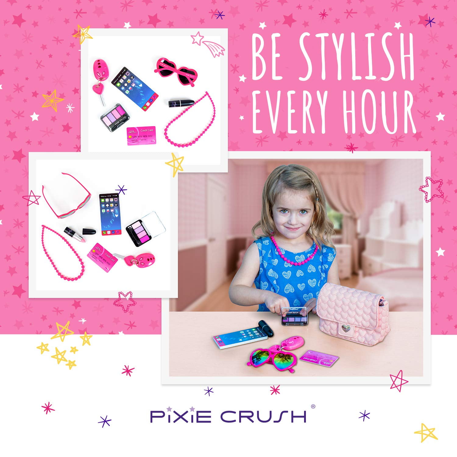 PixieCrush Pretend Play Makeup Set for Toddlers. Designer Girls Beauty Basics 12 Piece Polka Dot Handbag Set Ages 3, 4, 5, 6, 7, 8, 9, 10 | Comes in