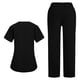 thumbnail image 4 of Conjuntos de uniforme médico para mujer, informal, cuello en V, manga corta, camiseta y pantalones con cintura elástica, color liso, 2 piezas, con bolsillos, 4 of 9