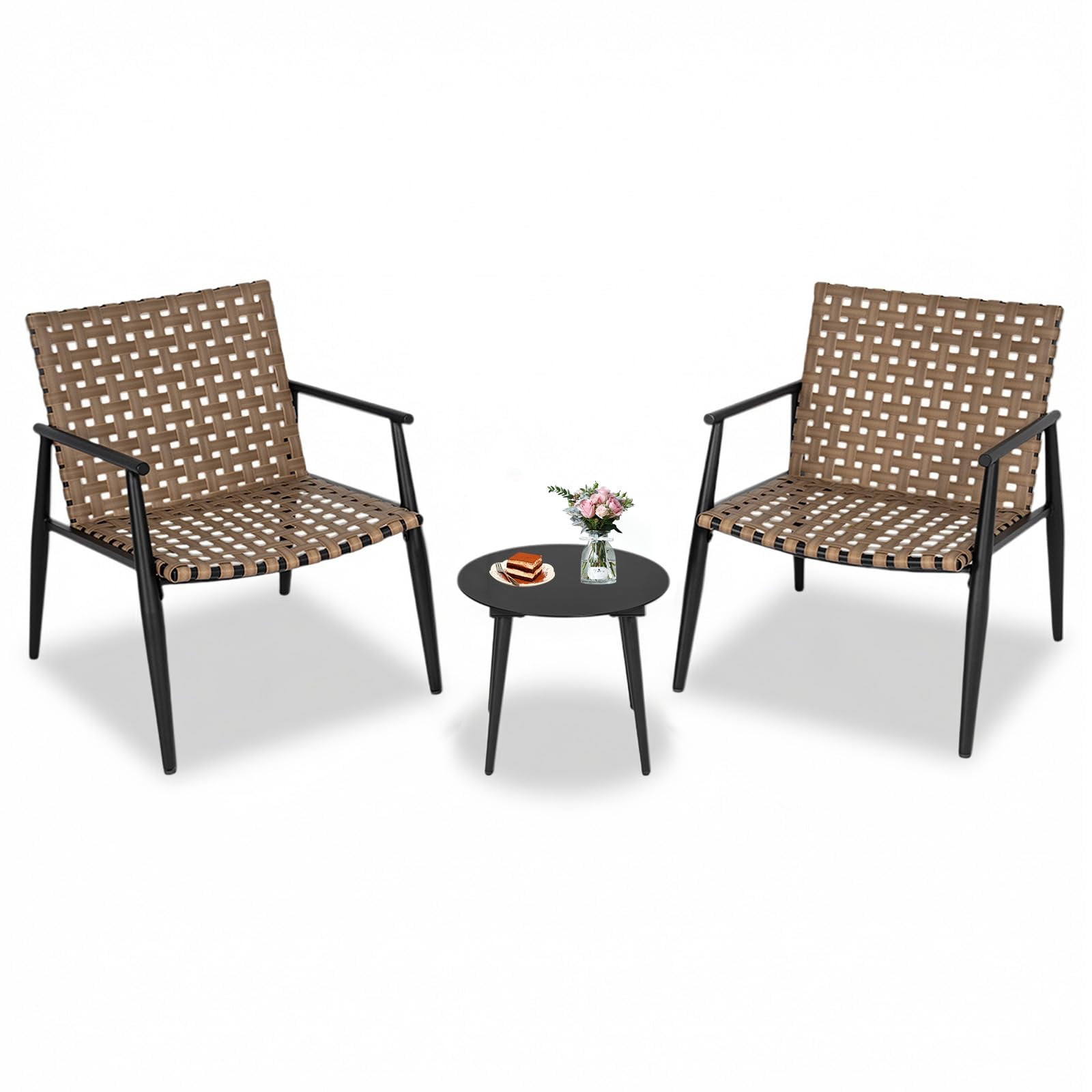 Tappio 3 Piece Outdoor Wicker Bistro Furniture Set, PE Rattan Chairs Porch Furniture Set with Glass Table for Yard Garden Balcony
