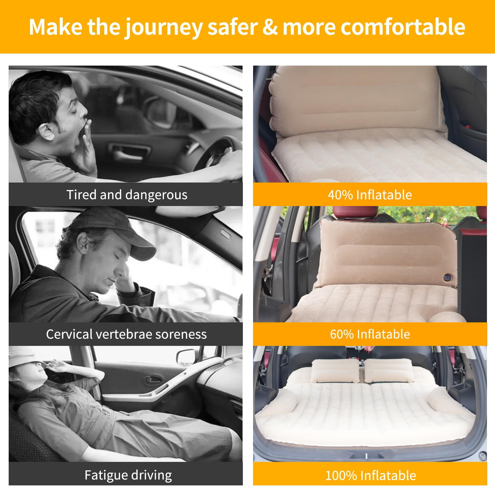 QDH SUV Air Mattress Thickened and Double-Sided Flocking Travel Camping Bed with 2 Pillows & Electric Pump Dedicated Mobile Cushion Inflatable Bed for SUV Trunk and Rear Seat (Beige and Coffee)