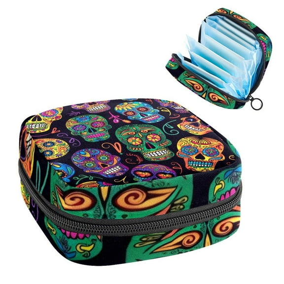 Sanitary Napkin Storage Bag for Girls Women, Portable First Period Pads Bag Tampons Holder Girls Travel Makeup Bag, Large Capacity Day of the Dead Skulls Aesthetic Pattern