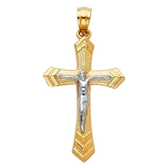 14k Yellow & White Gold Chevron Crucifix Pendant Cross Jesus Christ Charm Jewelry Female Unisex