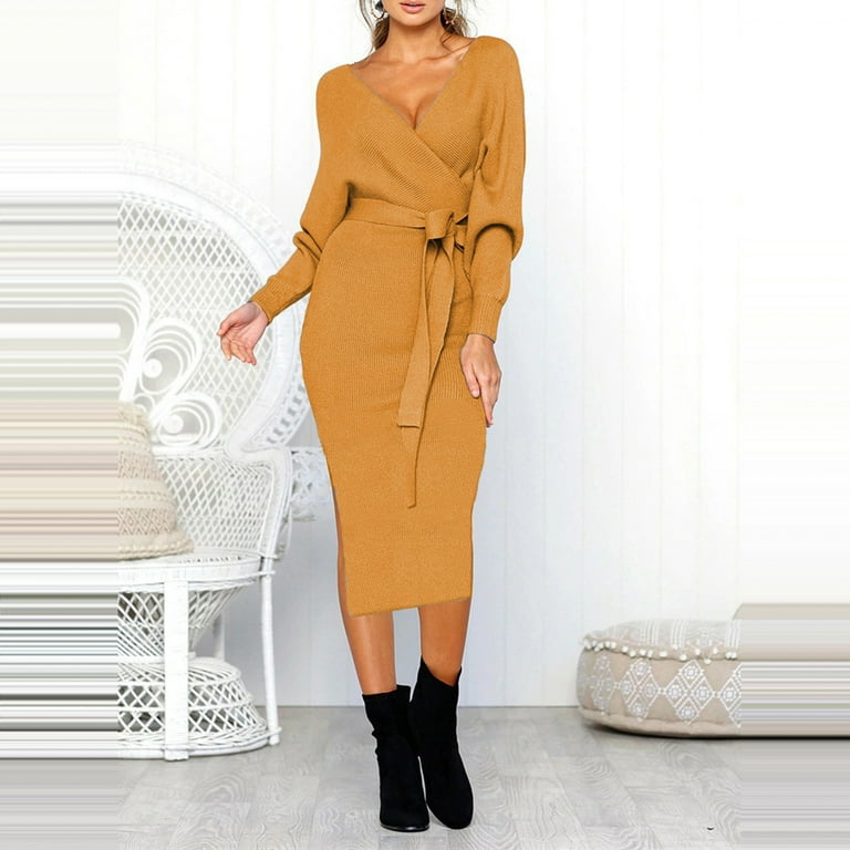 JGGSPWM Women's Long Sleeve Knit Midi Dress Wrap Front Tie Waist V Neck Hip  Wrap Warm Dresses Yellow 3XL - Walmart.com