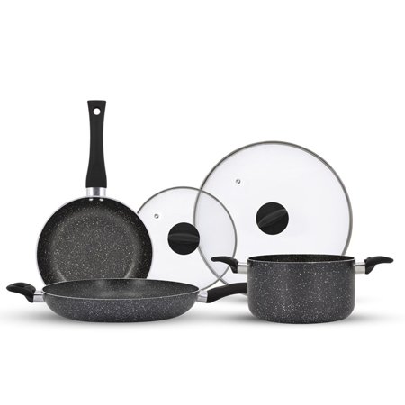 5 Piece Non-Stick Granite Infused Coated Aluminum Induction Gas & Electric Stovetop Cookware Pan Set with Lids & Stay Cool Handles