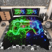 Manfei Modern Catoon Gamepad Queen Comforter Set for Teen, Video Gaming Lover Bedding Sets, Neon Stripes Abstract Reversible Bedding Comforter Set, Luxury Bedroom Decor, 3 Pieces