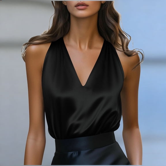 Dolkfu Womens Tops Summer V Neck Elegant Silky Tank Tops Business Sleeveless Shirts for Ladies L