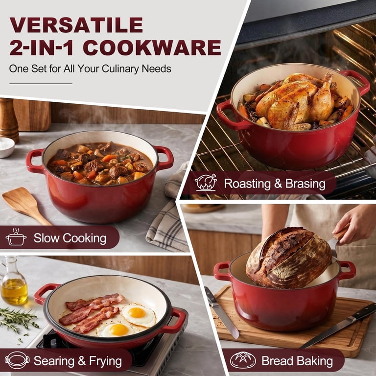 Walchoice 5-Quart Enameled Cast Iron Dutch Oven with Skillet Lid photo 8