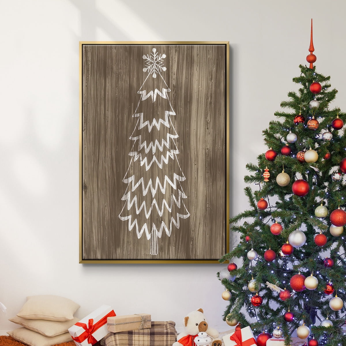Barnwood Wonderland VIII - Framed Gallery Wrapped Holiday Canvas - 27 x 41 - Gold Frame