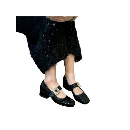 

Woobling Girls Loafers Chunky Dress Shoes Ankle Strap Mary Jane Heels Work Leather Shoe Non-slip Pumps Slip On Casual Black Patent Leather 4.5cm 7.5
