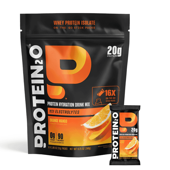 Protein2o 20g Whey Protein Isolate Protein Powder, 370mg of Electrolytes, Vitamins B5 & B6, Sugar Free, Orange Mango, 16-Pack