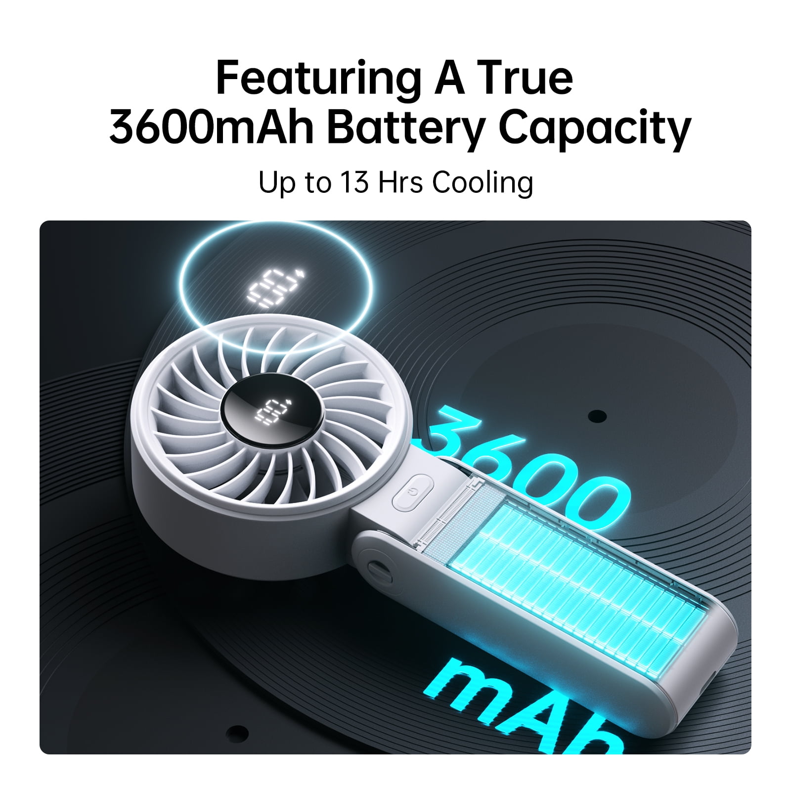 JISULIFE Portable Fan 3.3 In, 3600mAh Mini Desk Fan 13H Max Cooling Time, 5-Speed LED Display for summer/travel-Grey