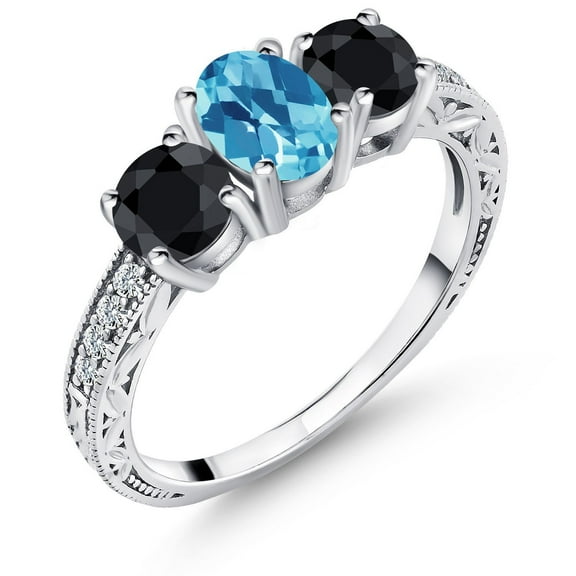 Gem Stone King 2.50 Ct Oval Checkerboard Swiss Blue Topaz Black Sapphire 925 Sterling Silver Ring (Size 6)