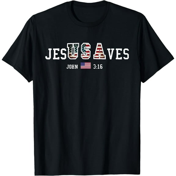 Jesus Saves JesUSAves USA American Flag Patriotic Christian T-Shirt,Black