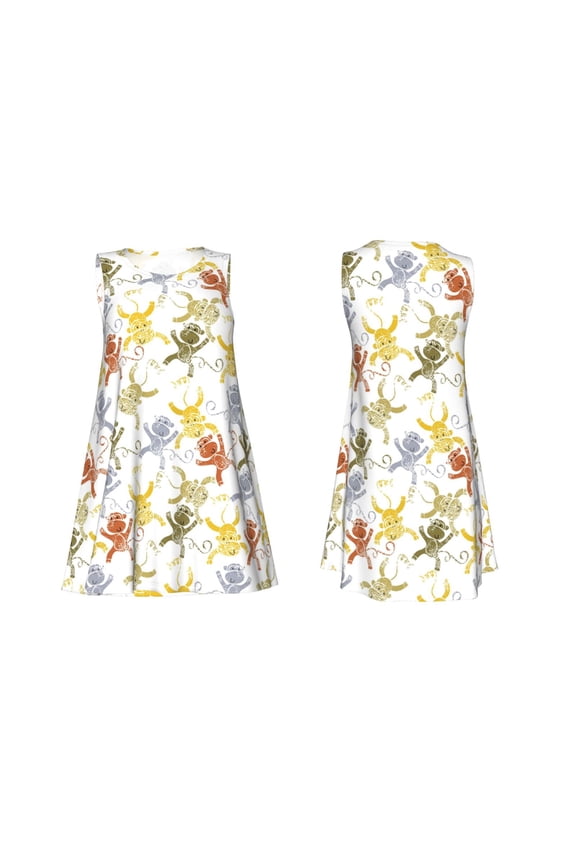 Cartoon Monkey Print Women's Sleeveless Dress Cotton-like Flared Hem Deep Side Pockets Above-Knee
