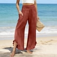 thumbnail image 5 of ZHYou No Boundarie Linen Pants for Women Flared Wide Leg Ruffle Summer Casual Lightweight Smocked High Waist Baggy Pull On Trousers Wine Size M, 5 of 5