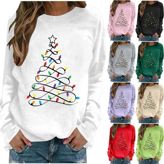 Christmas Long Sleeve Shirts for Women Crew Neck Christmas Tree Decoration Women Going Out Tops Casual Loose Outdoor Sport Holiday Sweatshirt S-2XL