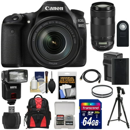Canon EOS 80D Wi-Fi Digital SLR Camera & 18-135mm IS USM with 70-300mm Lens + 64GB Card + Battery + Charger + Backpack + Filters + Tripod + Flash Kit