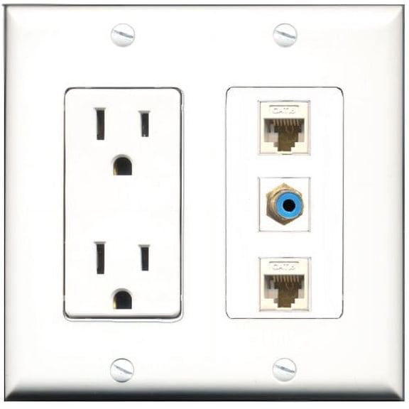 RiteAV - 15 Amp Power Outlet 1 Port RCA Blue 2 Port Cat6 Ethernet Ethernet White Decorative Wall Plate