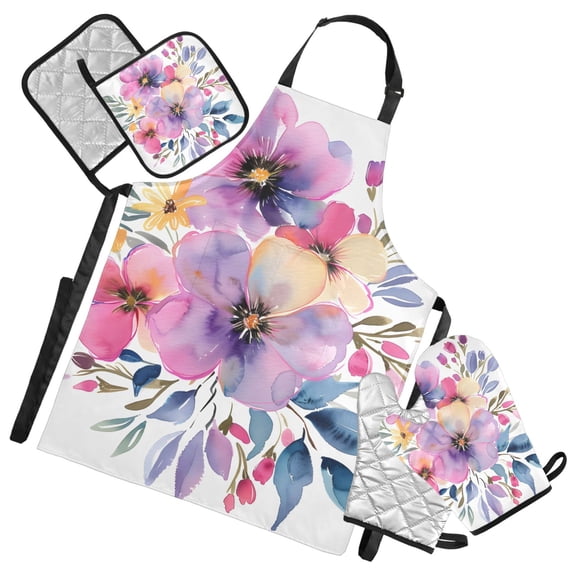 Pansies and Daisy Flower 5 Pcs Kitchen Set Heat Resistant Oven Mitts and Non-Slip Pot Holders with Adjustable Cooking Apron