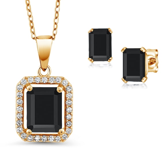 Gem Stone King 18K Yellow Gold Plated Silver Black Onyx Pendant and Earrings Jewelry Set for Women (3.58 Cttw, Emerald Cut 9X7MM and 6X4MM, Gemstone December Birthstone, with 18 inch Chain)