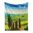 thumbnail image 1 of Nature Soft Flannel Fleece Blanket, Rural Sunset in Italy Countryside with Trees Fresh Meadows and Clear Sky Image Print, Cozy Plush for Indoor and Outdoor Use, 50" x 70", Blue Green, by Ambesonne, 1 of 6