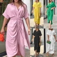 thumbnail image 5 of Blue Womens Wrap Shirt Dress With Turn-Down Collar, High-Waisted Belted Design And Asymmetrical Hem, 5 of 8