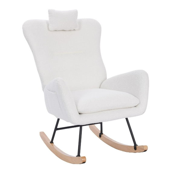 White Teddy Upholstered Rocking Chair – Ergonomic Design, Sturdy Steel & Wood Frame, Cozy Living Room & Bedroom Relaxation for Parents & Babies