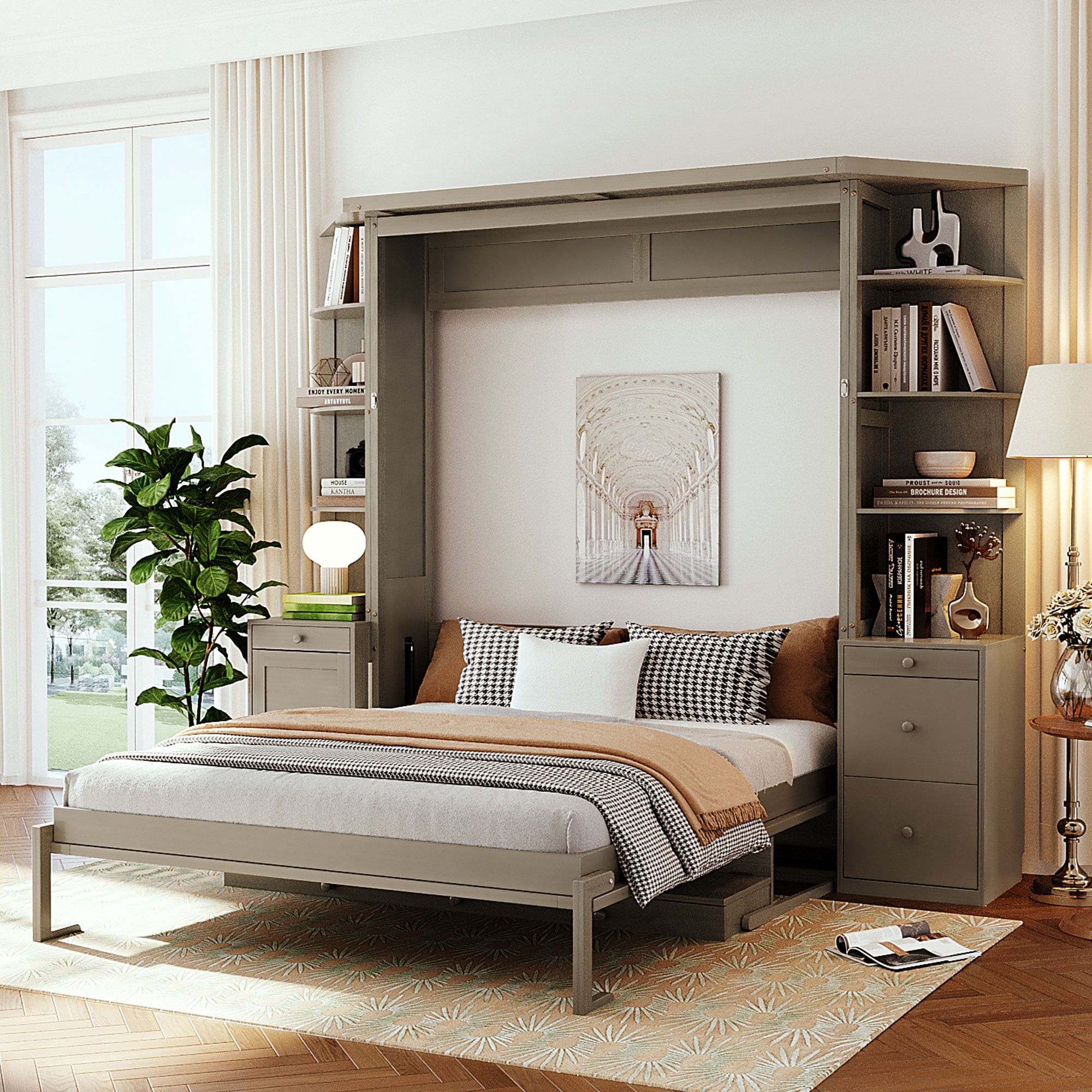 Mintazer Queen Size Murphy Bed with Desk & Side Storage, Modern Folding Cabinet Bed with Workstation & Shelves for Home Office, Gray