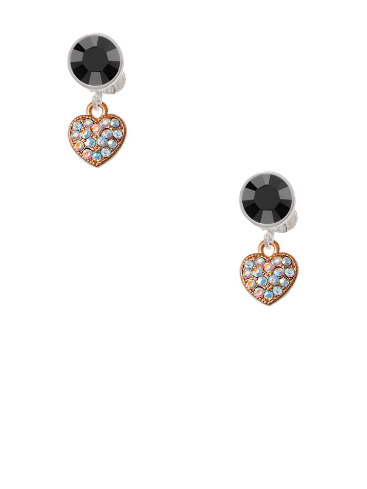 Delight Jewelry Small Rose Goldtone Heart with Clear AB Crystals Black Crystal Clip on Earrings