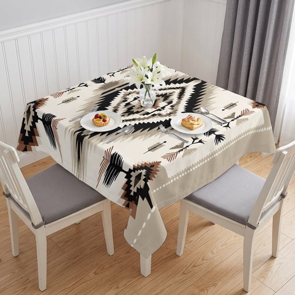 Boho Black Brown Table Cloth Waterproof Tablecloths, Geometric Southwestern Ethnic Vintage Tablecloth Dining Table Cover for Kitchen Party Tabletop Outdoor, Square Tablecloth 60x60 Inch