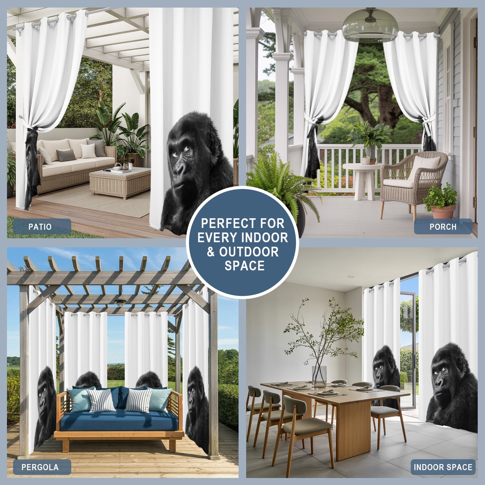 Gorilla Portrait Outdoor Curtains for Patio, Animal Minimalist Modern Black White Sunshade Privacy Drapes Grommet Waterproof Outside Curtains for Porch/Cabana/Balcony 54"x 108", 1 Panel