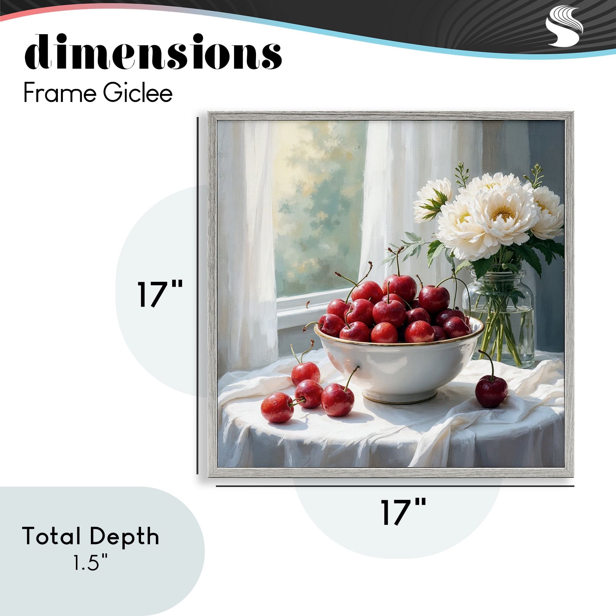Cherries & Flowers Still Life Gray Framed Giclee Art, design by Lettered and Lined
