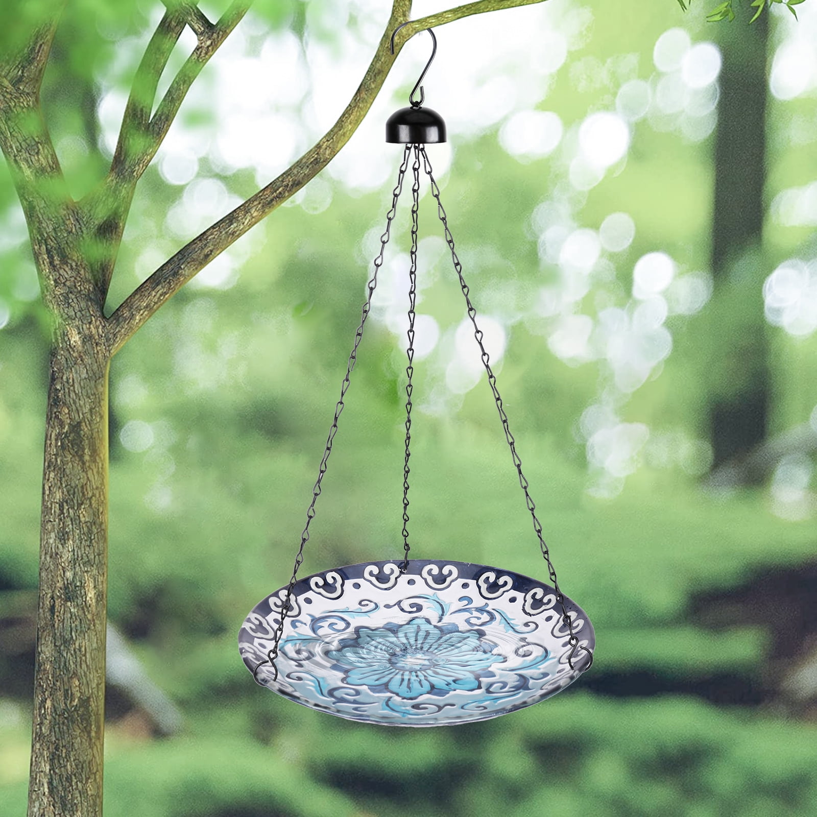MUMTOP Hanging Glass Bird Bath, Blue and White Porcelain for Garden and Patio Decor