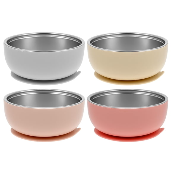 Grusce 4PCS Suction Baby Bowls, Non Slip Child Food Bowl with Removable Silicone Shell Sleeve, Stainless Steel Child Bowl for Feeding