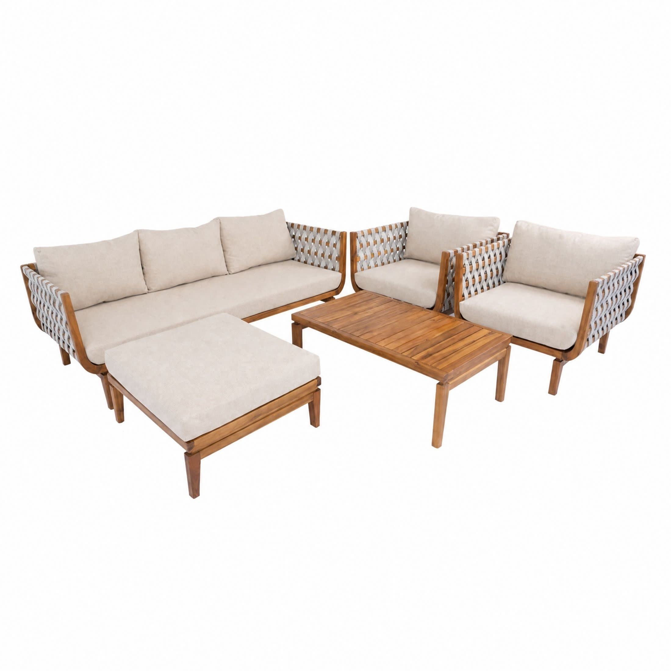Christopher Knight Home 5-Piece Outdoor Conversation Sofa Set with Ottoman and Coffee Table, Teak+Beige
