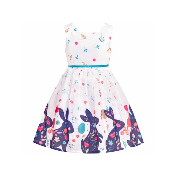 Vestido para Niña con Cuello de Pétalo de Pascua Bunny Floral de Conejo de Algodón sin Mangas 5 Años