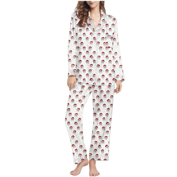 Lorytime Christmas Vacation Pjs Sets for Women Santa Claus Long Sleeved Collared Tops Elastic Waist Pants Festive Loungewear
