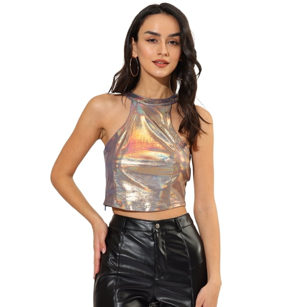 INSPIRE CHIC Top corto sin mangas elástico con cuello halter brillante y fiesta holográfica para mujer Azul M