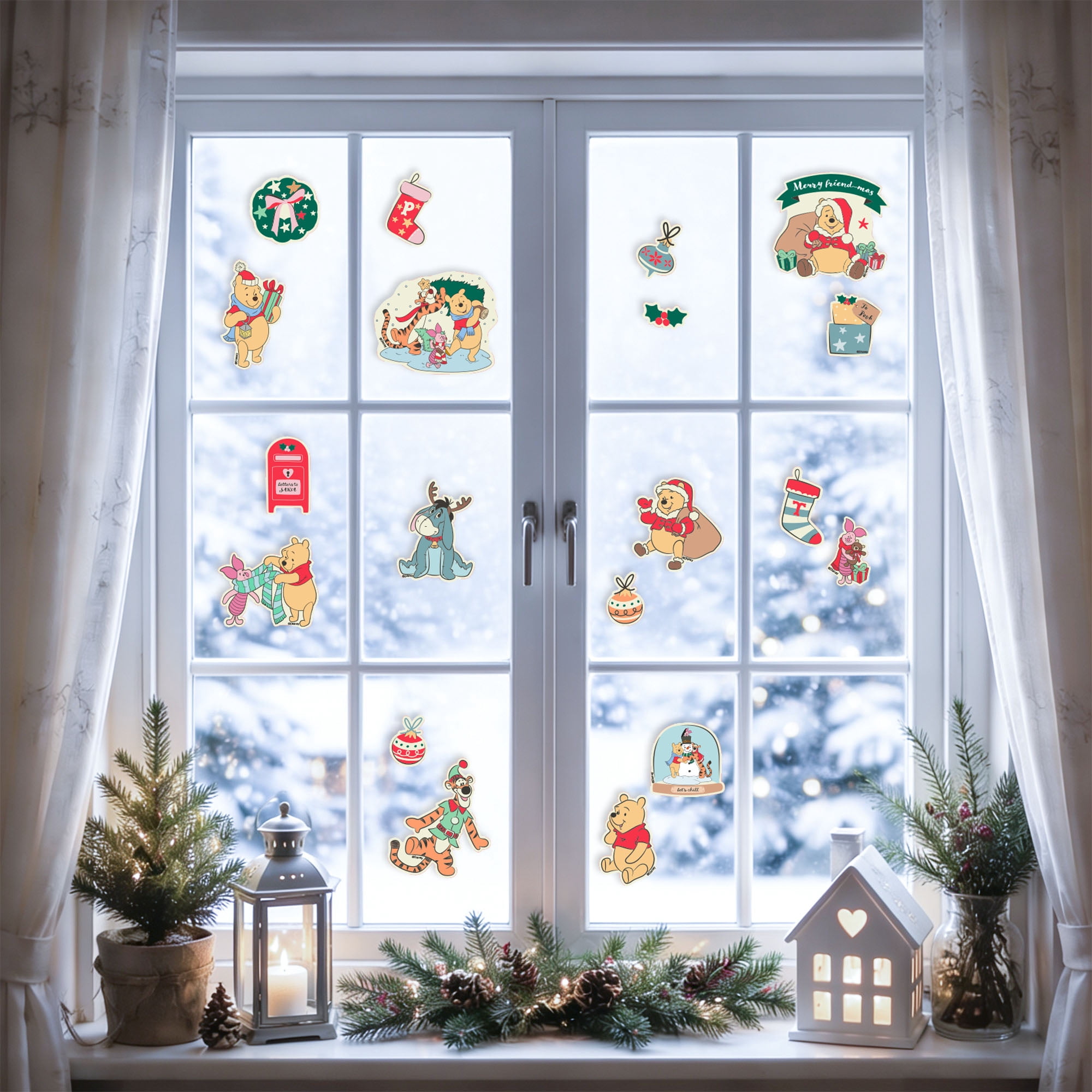 Disney Winnie the Pooh Christmas Window Clings, 19‑Piece Holiday Window Decorations – Pooh, Piglet, Tigger & Eeyore