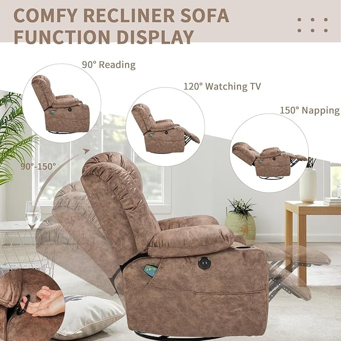 EPICOZY Swivel Rocker Recliner Chair with Heat and Massage, Manual Glider Rocking Reclining Chair, 360° Swivel Overstuffed Lounge Chair with 2 Cup Holders, Side Pockets & USB Ports, Fabric Brown