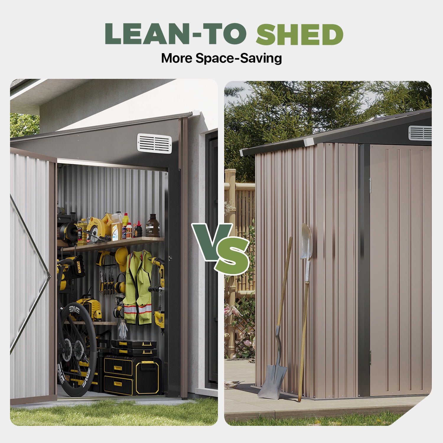BaPiPro 8x6 ft Outdoor Metal Storage Shed, Lean-To Shed with Lockable Door, Garden Tool Shed for Patio, Backyards, Brown