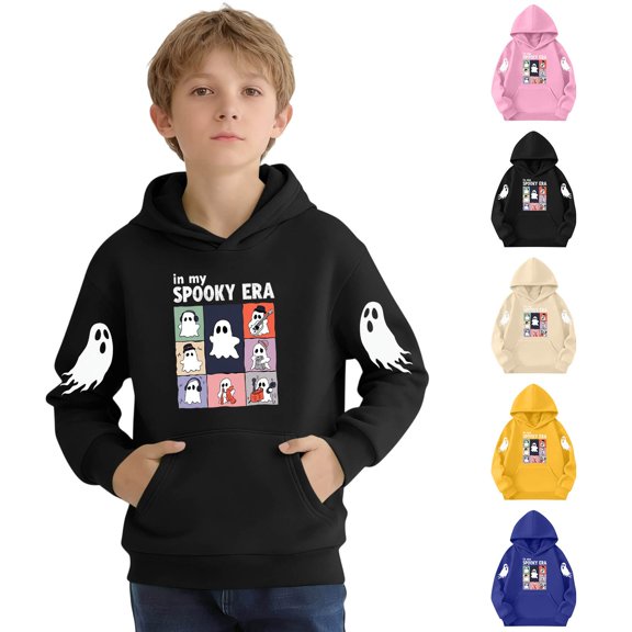 YUANxueke Boys & Girls Cute Ghost Print Sweatshirt, Long Sleeve Hooded Sweatshirt with Kangaroo Pocket, Fashion Loose Pullover Tops