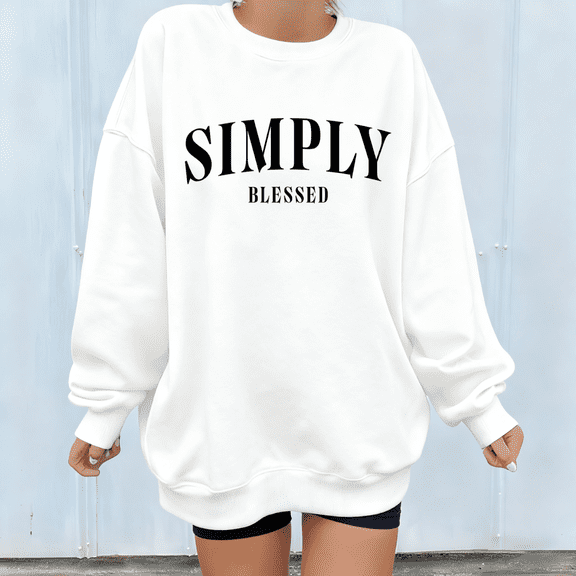 Women's "Simply Blessed" Graphic Breathable Sweatshirt Comfortable Round-neck long-sleeved White S-3XL