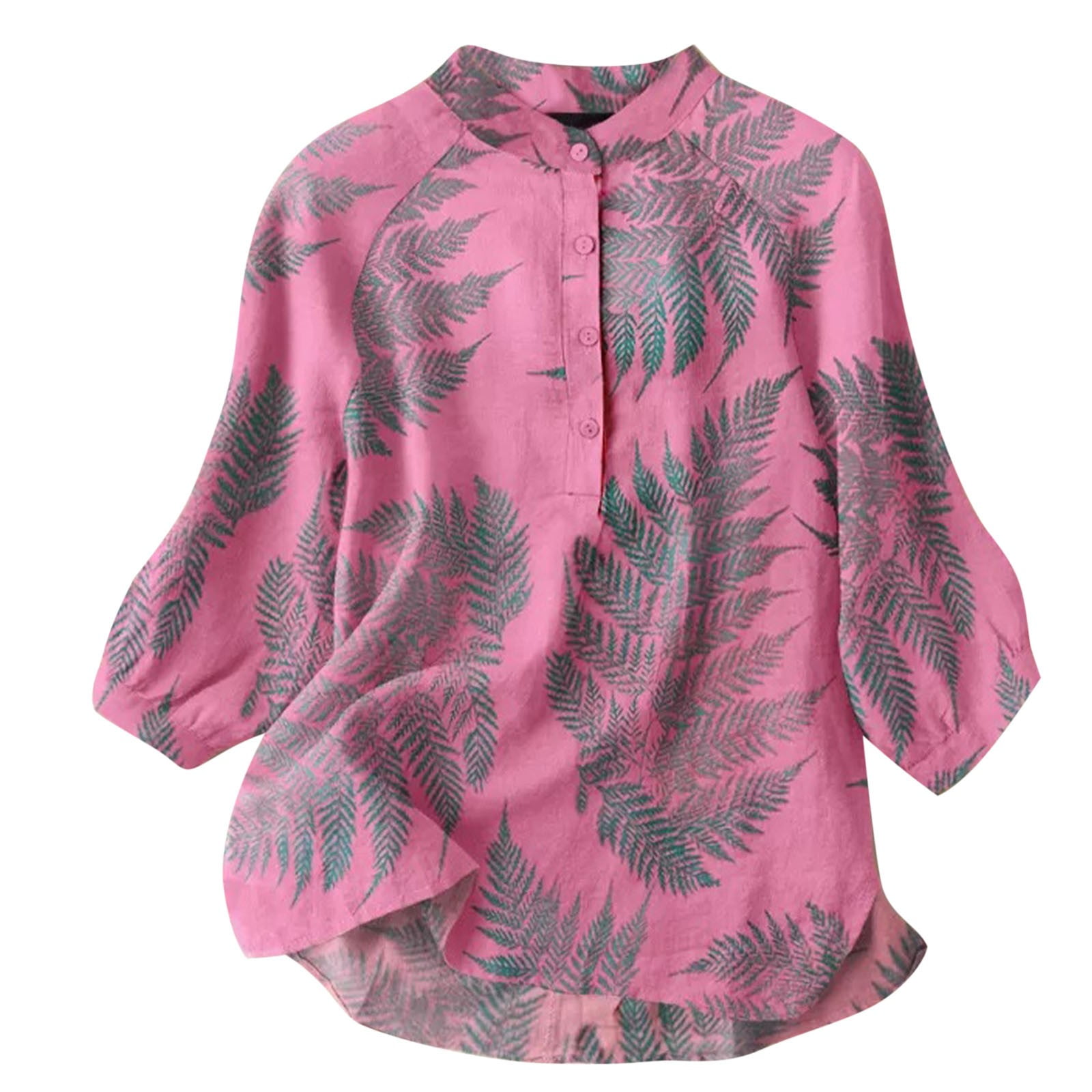 Lastesso Womens Cozy Cotton Line Blouse Tops Palm Leaf Floral Print Shirts  with Buttons Lantern Sleeve Tunic Shirt Loose Clothes 