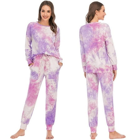 

Women’s Tie Dye Two Piece Pajamas Set Long Sleeve Sweatshirt with Long Pants Sleepwear S-2XL