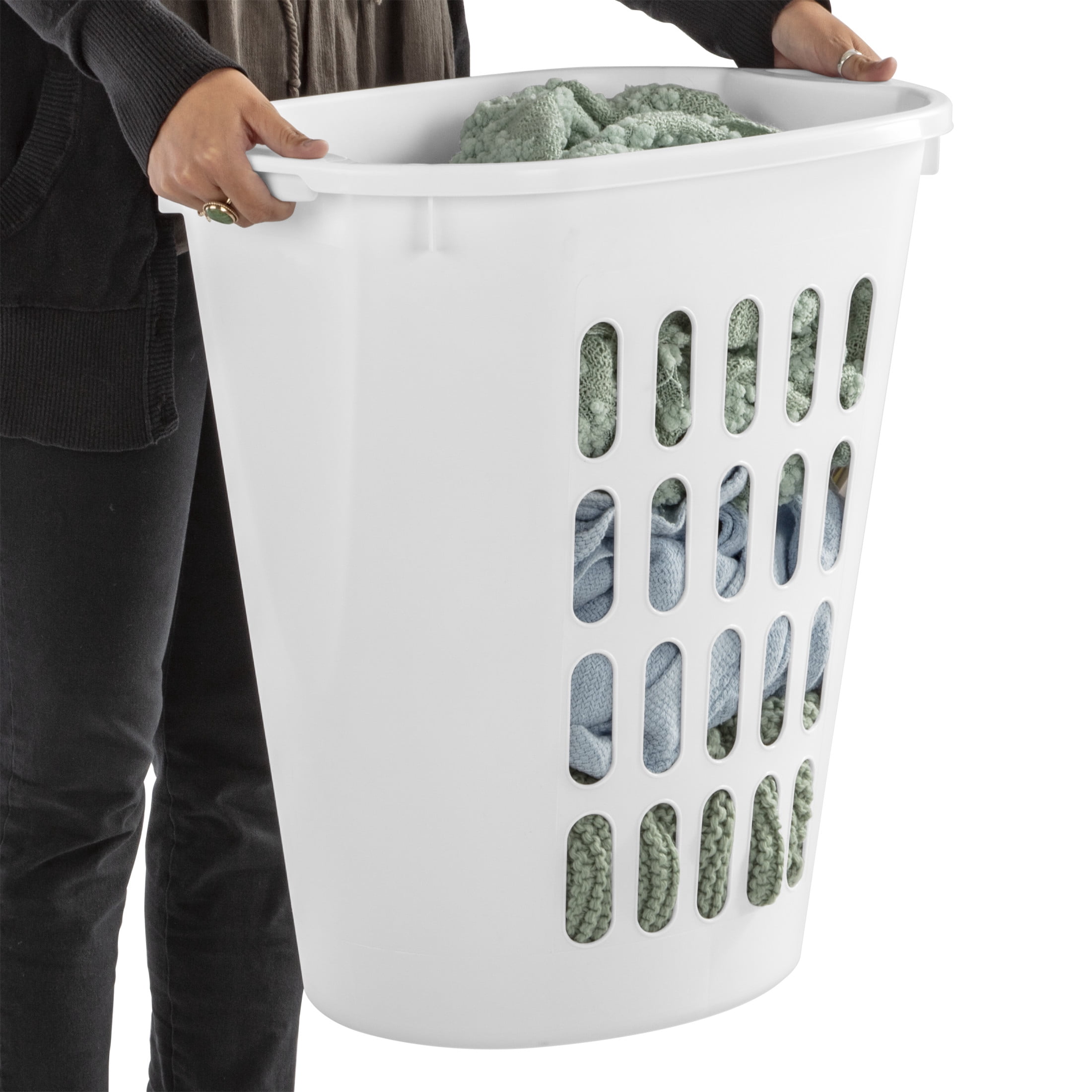 Sterilite Large Open Laundry Hamper, Plastic Oval Shape with Wide Opening and Carry Handles, White, 6 Pack