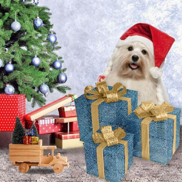 Juego de 3 cajas navideñas iluminadas con luces LED para decoración de exteriores, ideal como regalo para el jardín, 3 pilas AA (no incluidas).