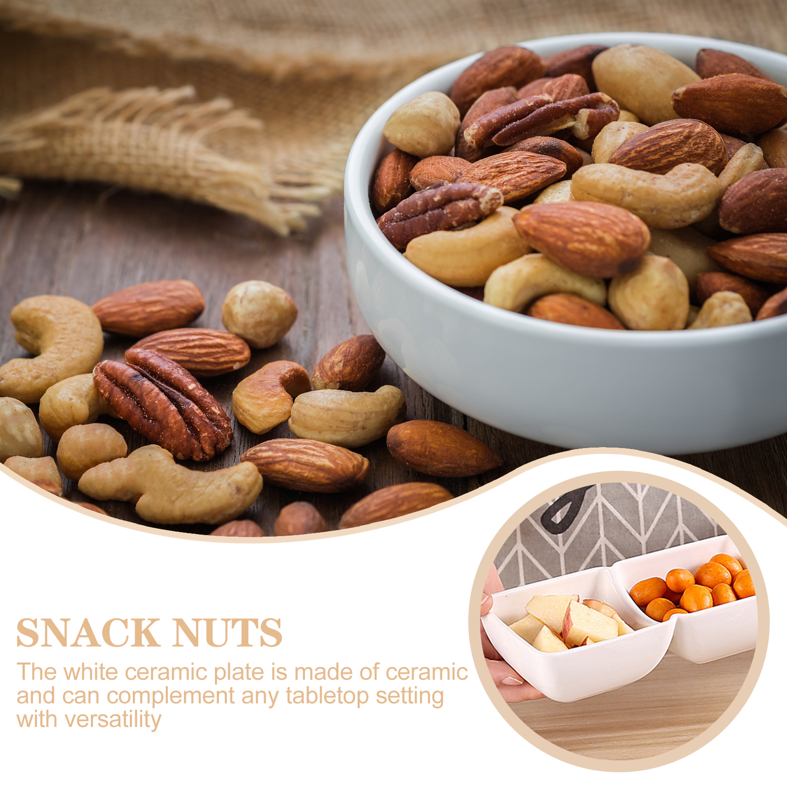 Raindrops 2-Piece Three-Compartment Serving Bowl with Wooden Handle for Seasoning and Condiments